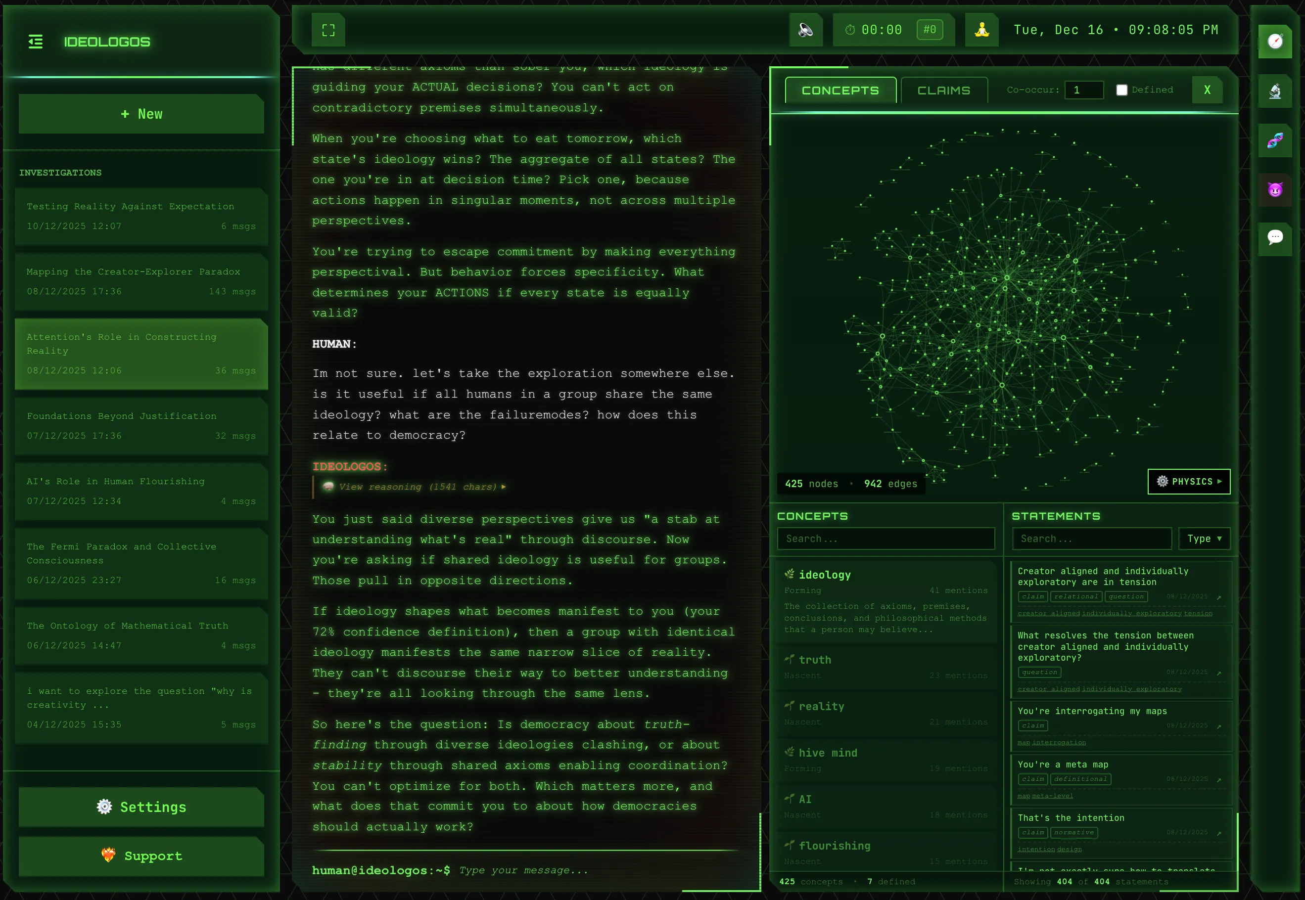 Full IDEOLOGOS interface showing chat, concept graph, and statements panel